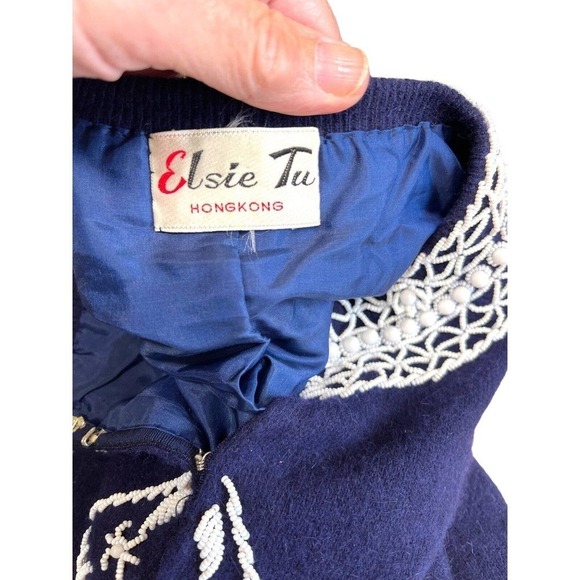 Vtg Elsie Tu Hong Kong 50s 60s Navy Blue Wool Beaded Cardigan Sweater Sz 38 - Picture 12 of 13